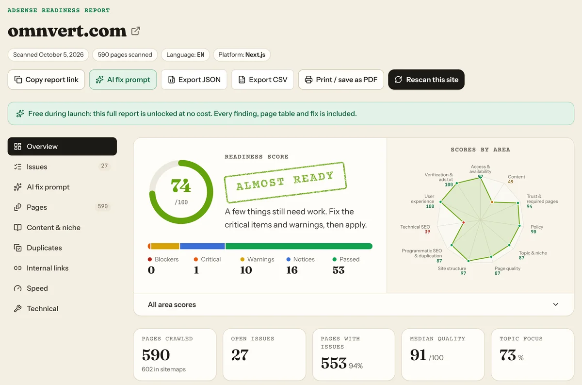 Approvalens report for omnvert.com: 590 pages scanned, platform Next.js, readiness score 74 out of 100 stamped Almost ready, 0 blockers, 1 critical, 10 warnings, 16 notices, 53 passed, with a radar chart of scores by area